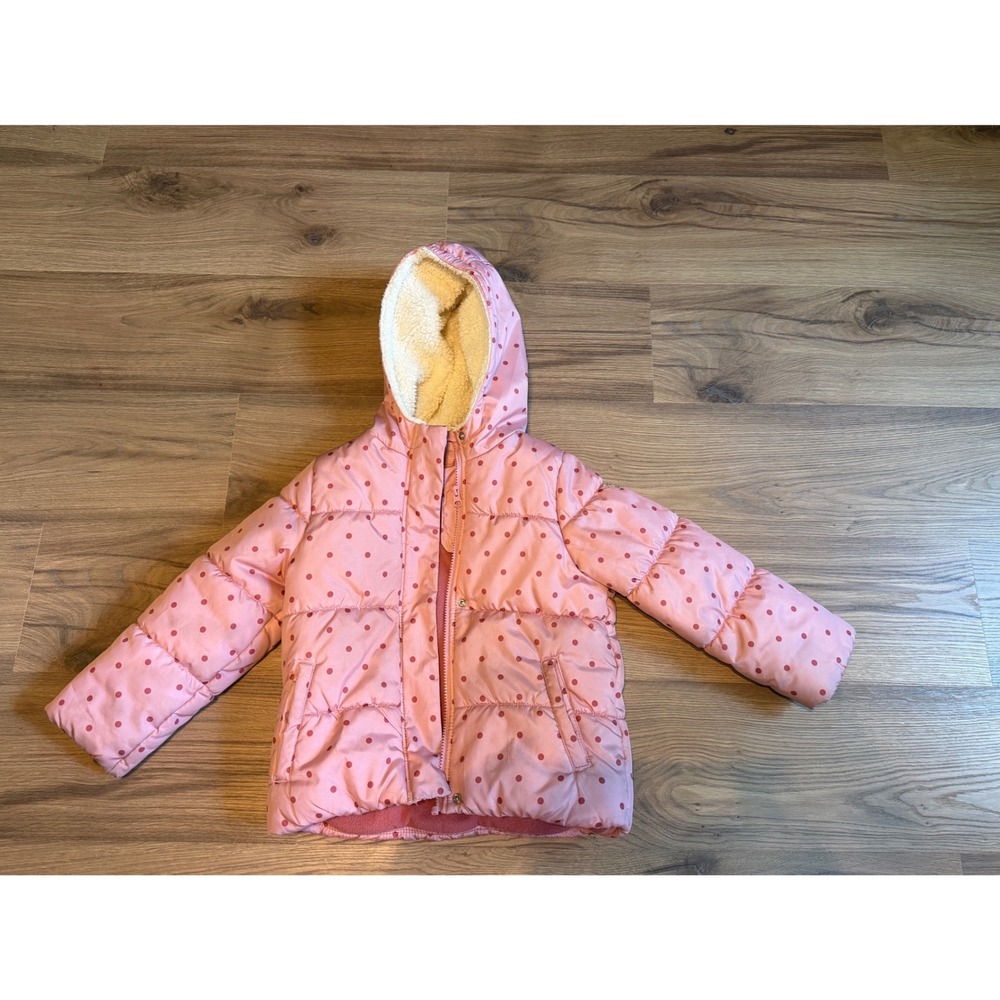 OshKosh Bgosh Girls Pink Polka‎ Dot Puffer Jacket Sherpa Hood Size M 5-6